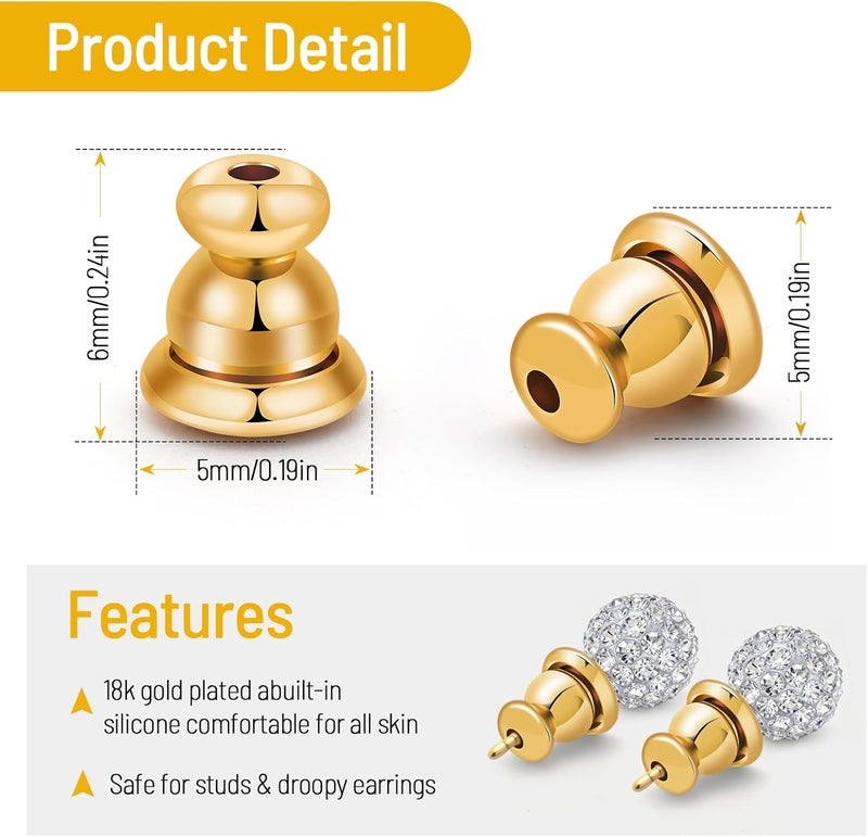 DSOMHZ Earring Backs Replacements,Bullet Earring Backs for Studs/Droopy Ears, Secure Locking Backings for Sensitive Ears, Hypoallergenic&Comfortable (Gold 6 PCS) - Image 3